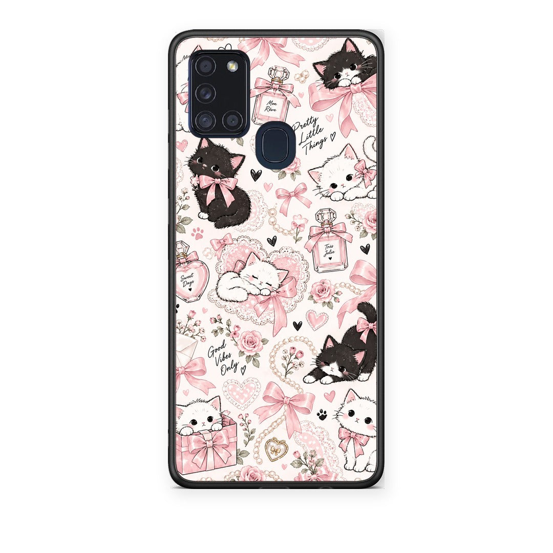 Θήκη Samsung Galaxy A21s Pink Bows and Kittens Collage από τη Smartfits με σχέδιο στο πίσω μέρος και μαύρο περίβλημα | Samsung Galaxy A21s Pink Bows and Kittens Collage case with colorful back and black bezels