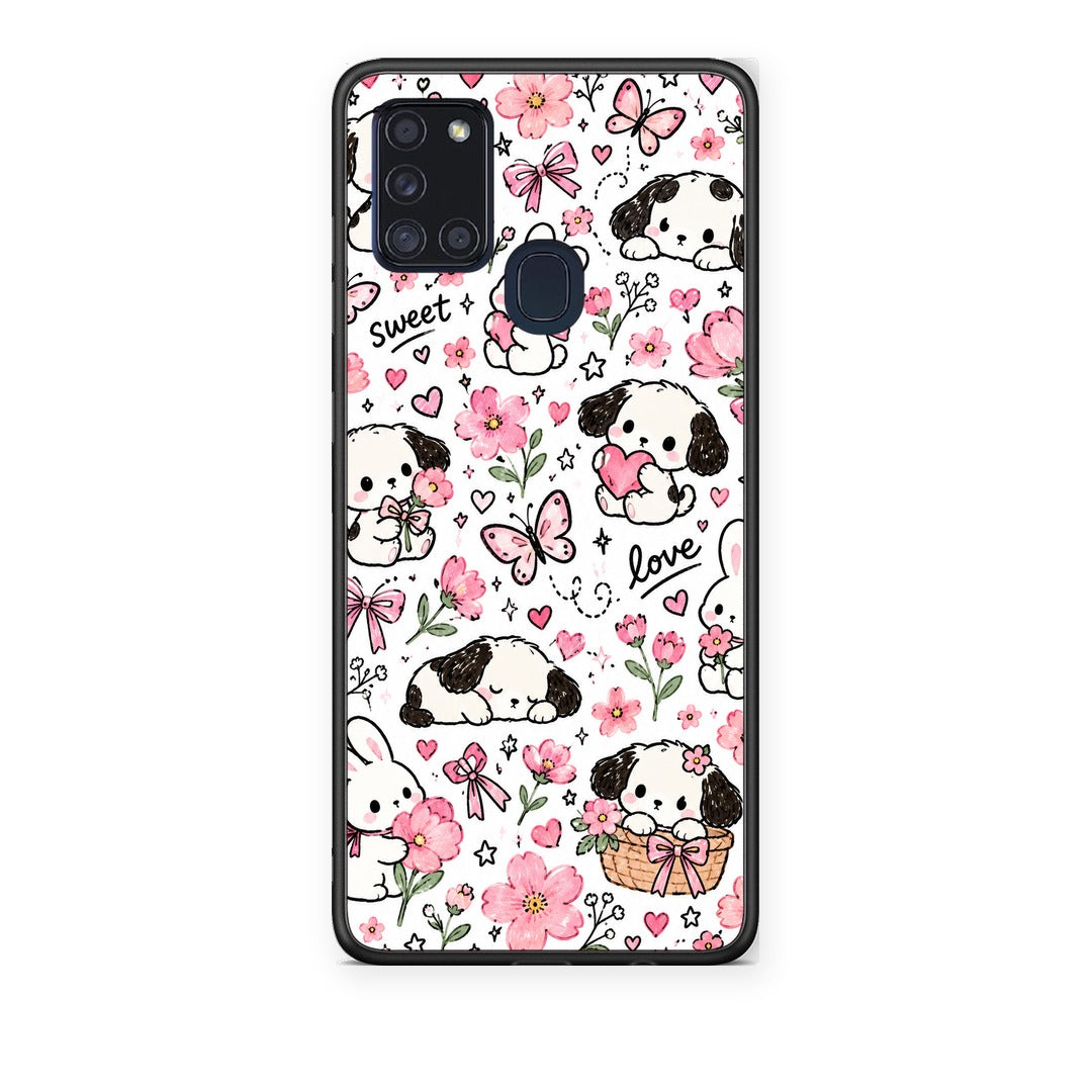 Θήκη Samsung Galaxy A21s Pink Florals Puppies and Bunnies on White από τη Smartfits με σχέδιο στο πίσω μέρος και μαύρο περίβλημα | Samsung Galaxy A21s Pink Florals Puppies and Bunnies on White case with colorful back and black bezels