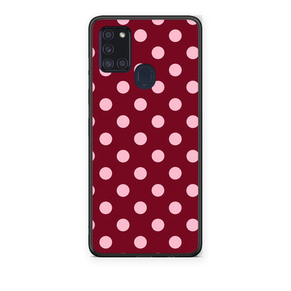 Θήκη Samsung Galaxy A21s Pink Polka Dots on Burgundy από τη Smartfits με σχέδιο στο πίσω μέρος και μαύρο περίβλημα | Samsung Galaxy A21s Pink Polka Dots on Burgundy case with colorful back and black bezels