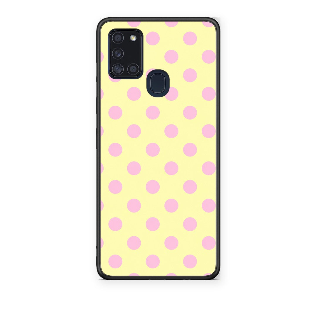 Θήκη Samsung Galaxy A21s Pink Polka Dots on Yellow από τη Smartfits με σχέδιο στο πίσω μέρος και μαύρο περίβλημα | Samsung Galaxy A21s Pink Polka Dots on Yellow case with colorful back and black bezels
