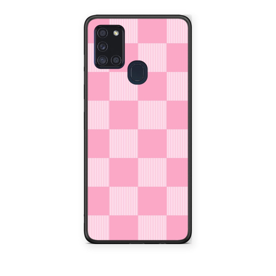 Θήκη Samsung Galaxy A21s Pink and White Striped Checks από τη Smartfits με σχέδιο στο πίσω μέρος και μαύρο περίβλημα | Samsung Galaxy A21s Pink and White Striped Checks case with colorful back and black bezels