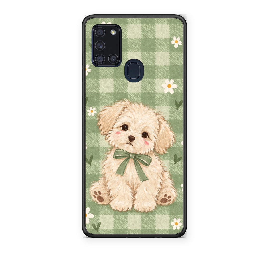 Θήκη Samsung Galaxy A21s Puppy and Daisies on Sage Gingham από τη Smartfits με σχέδιο στο πίσω μέρος και μαύρο περίβλημα | Samsung Galaxy A21s Puppy and Daisies on Sage Gingham case with colorful back and black bezels
