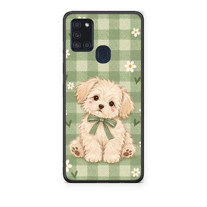 Θήκη Samsung Galaxy A21s Puppy and Daisies on Sage Gingham από τη Smartfits με σχέδιο στο πίσω μέρος και μαύρο περίβλημα | Samsung Galaxy A21s Puppy and Daisies on Sage Gingham case with colorful back and black bezels