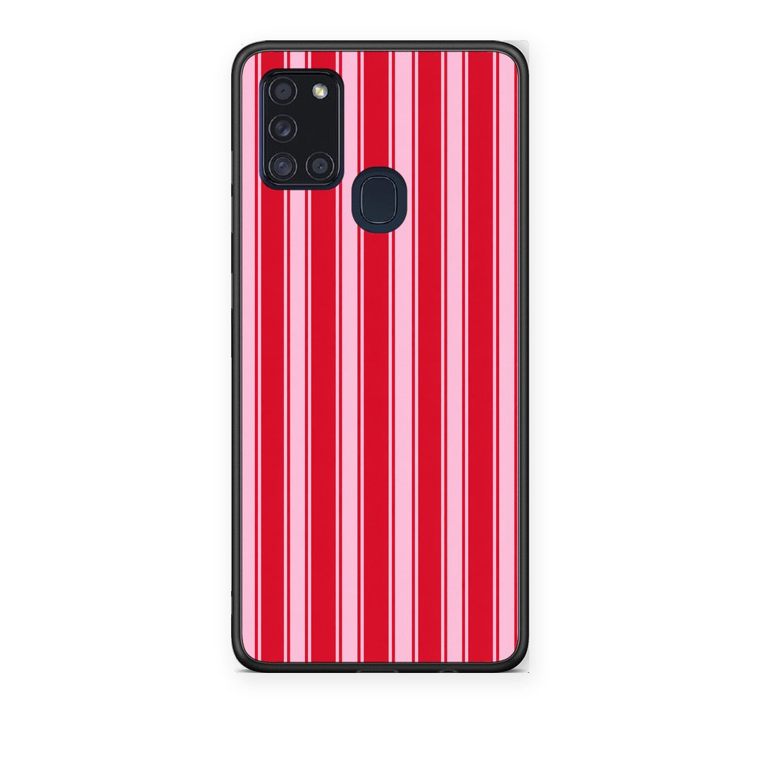 Θήκη Samsung Galaxy A21s Red and Pink Vertical Pinstripes από τη Smartfits με σχέδιο στο πίσω μέρος και μαύρο περίβλημα | Samsung Galaxy A21s Red and Pink Vertical Pinstripes case with colorful back and black bezels