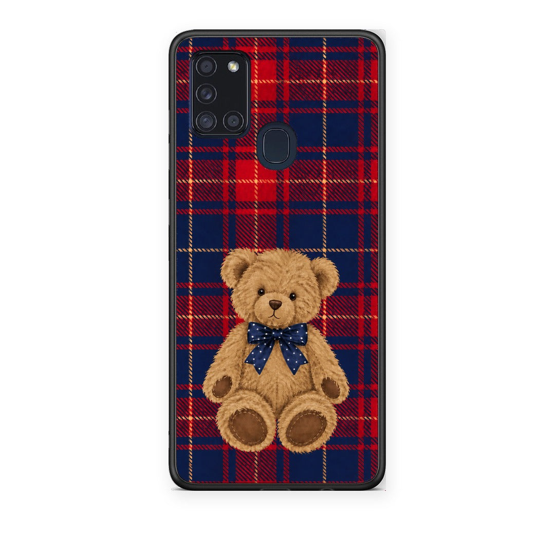 Θήκη Samsung Galaxy A21s Teddy Bear on Red and Navy Tartan από τη Smartfits με σχέδιο στο πίσω μέρος και μαύρο περίβλημα | Samsung Galaxy A21s Teddy Bear on Red and Navy Tartan case with colorful back and black bezels