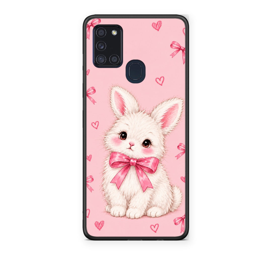 Θήκη Samsung Galaxy A21s White Bunny and Pink Bows από τη Smartfits με σχέδιο στο πίσω μέρος και μαύρο περίβλημα | Samsung Galaxy A21s White Bunny and Pink Bows case with colorful back and black bezels