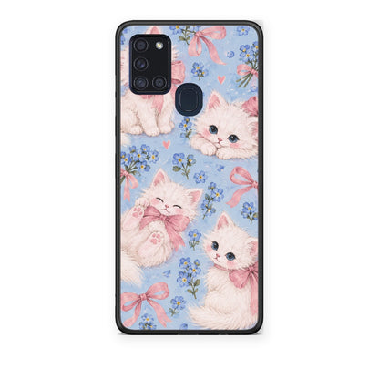 Θήκη Samsung Galaxy A21s White Kittens and Blue Flowers Large από τη Smartfits με σχέδιο στο πίσω μέρος και μαύρο περίβλημα | Samsung Galaxy A21s White Kittens and Blue Flowers Large case with colorful back and black bezels