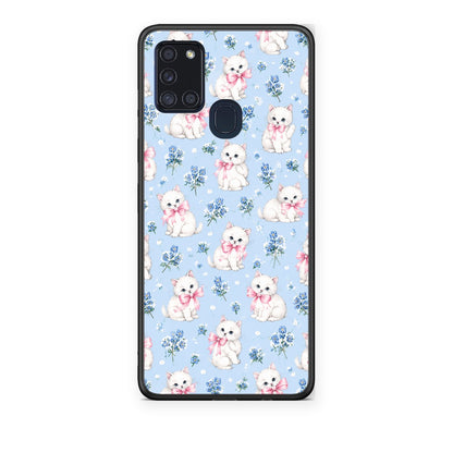 Θήκη Samsung Galaxy A21s White Kittens and Blue Flowers Small από τη Smartfits με σχέδιο στο πίσω μέρος και μαύρο περίβλημα | Samsung Galaxy A21s White Kittens and Blue Flowers Small case with colorful back and black bezels