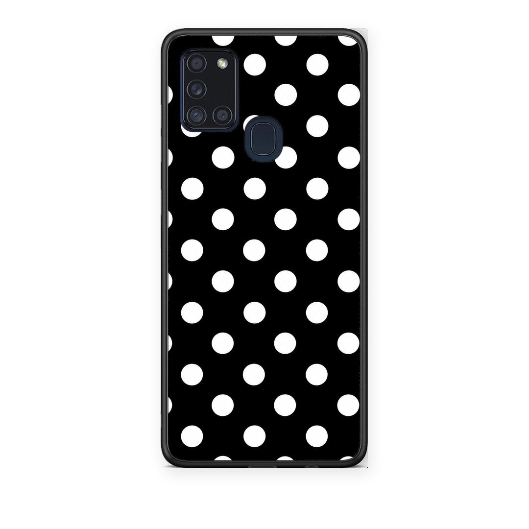 Θήκη Samsung Galaxy A21s White Polka Dots on Black από τη Smartfits με σχέδιο στο πίσω μέρος και μαύρο περίβλημα | Samsung Galaxy A21s White Polka Dots on Black case with colorful back and black bezels
