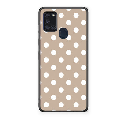 Θήκη Samsung Galaxy A21s White Polka Dots on Taupe από τη Smartfits με σχέδιο στο πίσω μέρος και μαύρο περίβλημα | Samsung Galaxy A21s White Polka Dots on Taupe case with colorful back and black bezels