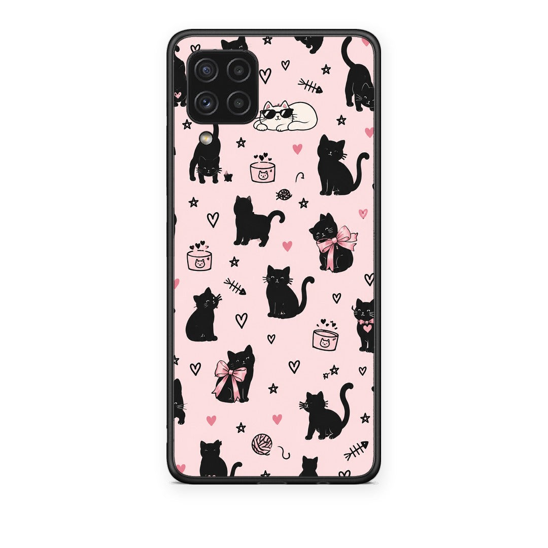 Θήκη Samsung Galaxy A22 4G Black Cat Doodles on Pink από τη Smartfits με σχέδιο στο πίσω μέρος και μαύρο περίβλημα | Samsung Galaxy A22 4G Black Cat Doodles on Pink case with colorful back and black bezels