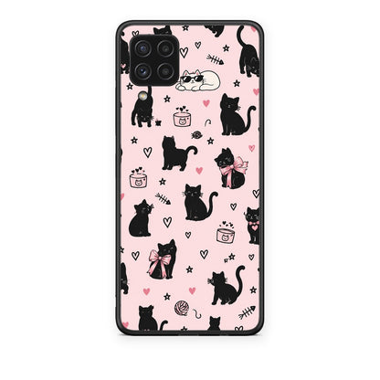 Θήκη Samsung Galaxy A22 4G Black Cat Doodles on Pink από τη Smartfits με σχέδιο στο πίσω μέρος και μαύρο περίβλημα | Samsung Galaxy A22 4G Black Cat Doodles on Pink case with colorful back and black bezels