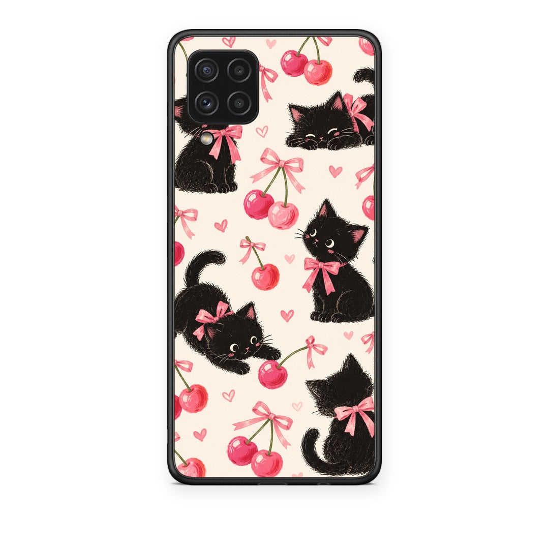 Θήκη Samsung Galaxy A22 4G Black Kittens and Cherries on Cream από τη Smartfits με σχέδιο στο πίσω μέρος και μαύρο περίβλημα | Samsung Galaxy A22 4G Black Kittens and Cherries on Cream case with colorful back and black bezels