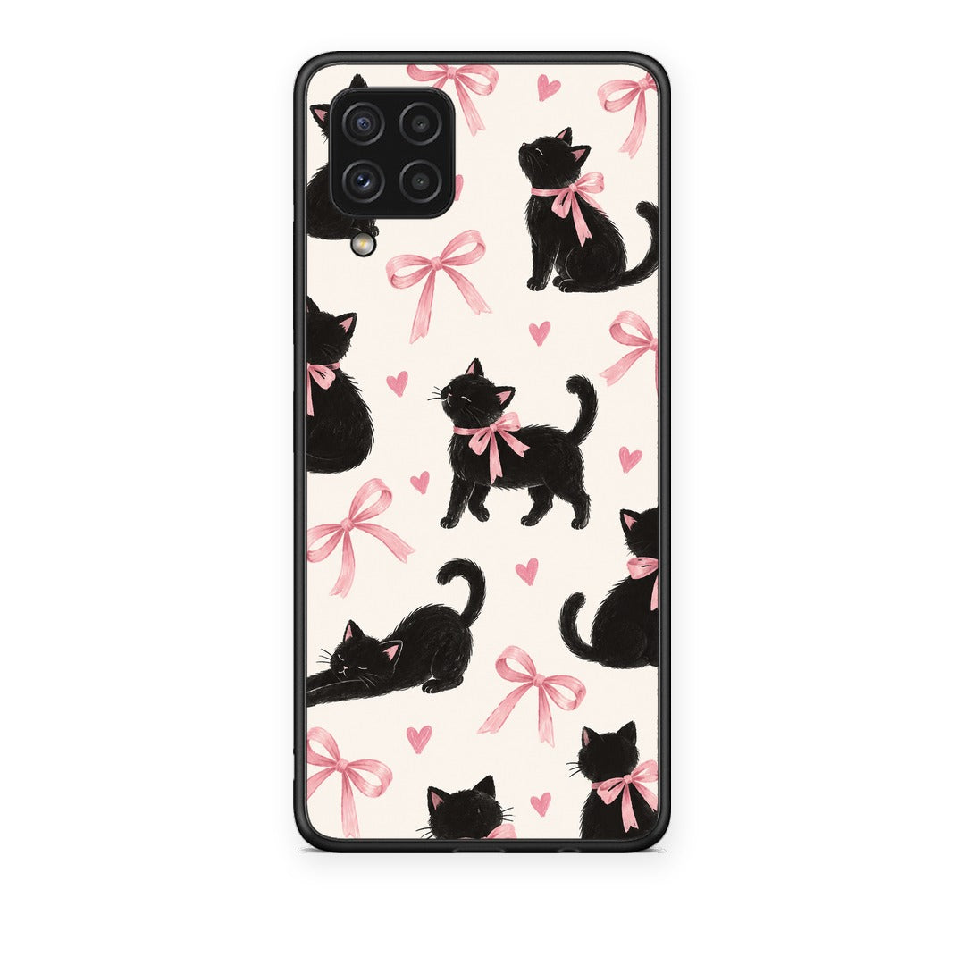 Θήκη Samsung Galaxy A22 4G Black Kittens and Pink Bows on Cream Large από τη Smartfits με σχέδιο στο πίσω μέρος και μαύρο περίβλημα | Samsung Galaxy A22 4G Black Kittens and Pink Bows on Cream Large case with colorful back and black bezels
