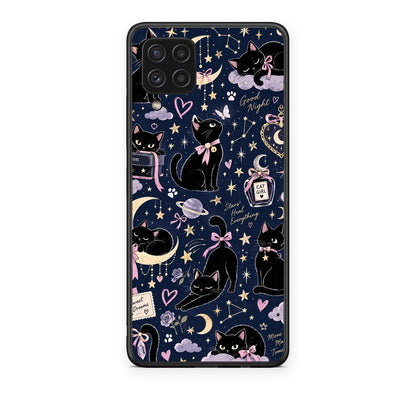 Θήκη Samsung Galaxy A22 4G Celestial Black Cats on Navy από τη Smartfits με σχέδιο στο πίσω μέρος και μαύρο περίβλημα | Samsung Galaxy A22 4G Celestial Black Cats on Navy case with colorful back and black bezels