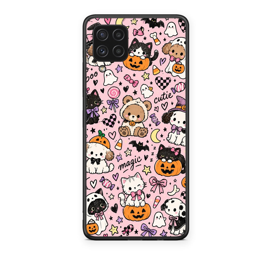 Θήκη Samsung Galaxy A22 4G Halloween Cute Animals on Pink από τη Smartfits με σχέδιο στο πίσω μέρος και μαύρο περίβλημα | Samsung Galaxy A22 4G Halloween Cute Animals on Pink case with colorful back and black bezels