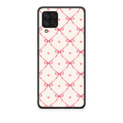 Θήκη Samsung Galaxy A22 4G Pink Bow Lattice and Hearts on Cream από τη Smartfits με σχέδιο στο πίσω μέρος και μαύρο περίβλημα | Samsung Galaxy A22 4G Pink Bow Lattice and Hearts on Cream case with colorful back and black bezels