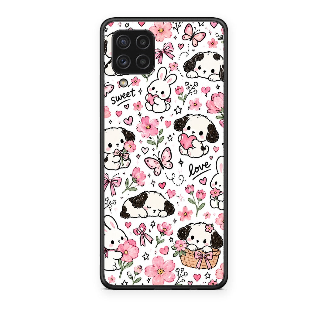 Θήκη Samsung Galaxy A22 4G Pink Florals Puppies and Bunnies on White από τη Smartfits με σχέδιο στο πίσω μέρος και μαύρο περίβλημα | Samsung Galaxy A22 4G Pink Florals Puppies and Bunnies on White case with colorful back and black bezels
