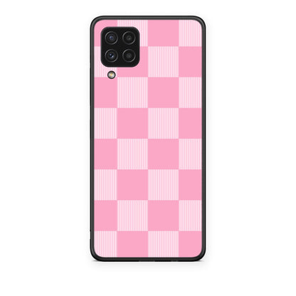 Θήκη Samsung Galaxy A22 4G Pink and White Striped Checks από τη Smartfits με σχέδιο στο πίσω μέρος και μαύρο περίβλημα | Samsung Galaxy A22 4G Pink and White Striped Checks case with colorful back and black bezels