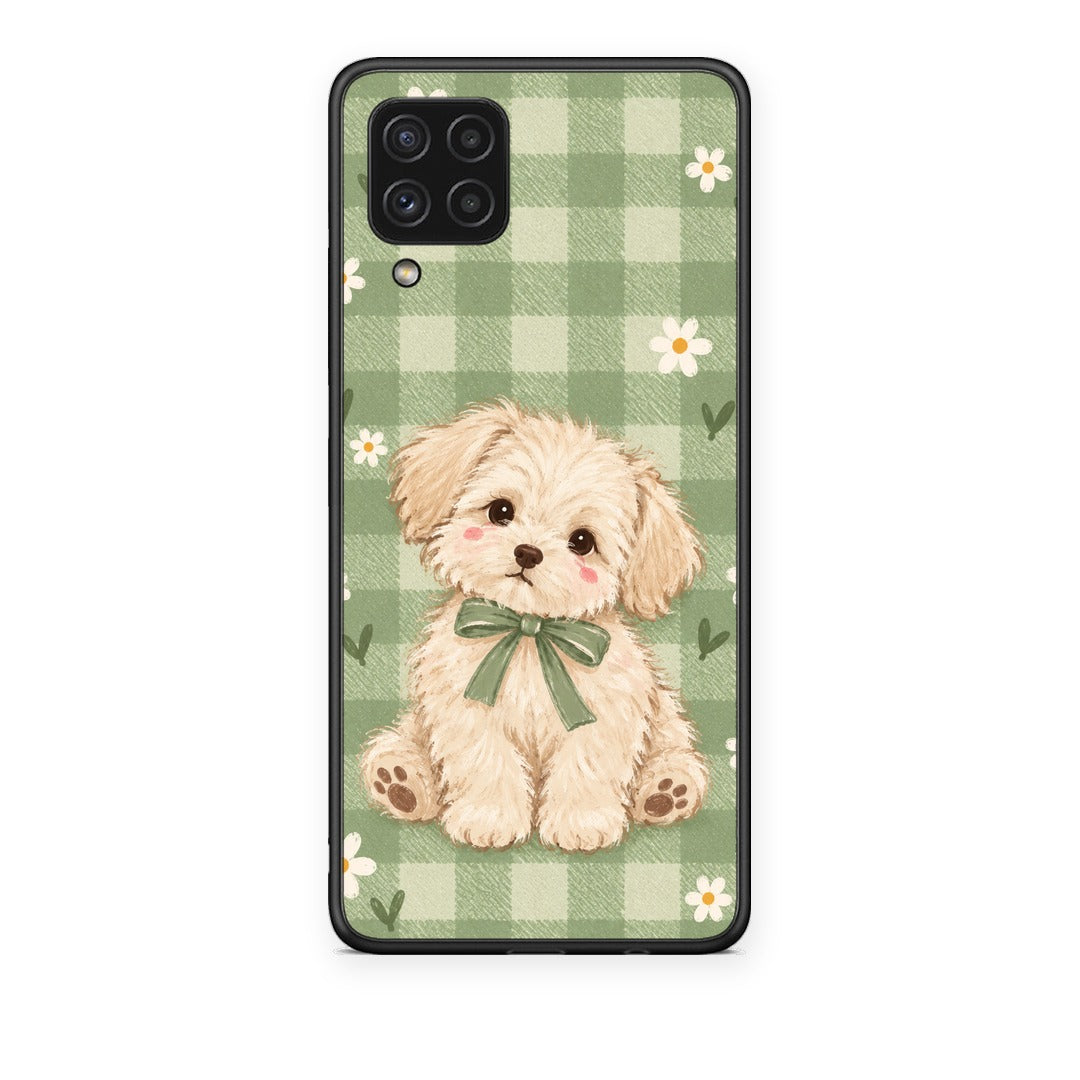 Θήκη Samsung Galaxy A22 4G Puppy and Daisies on Sage Gingham από τη Smartfits με σχέδιο στο πίσω μέρος και μαύρο περίβλημα | Samsung Galaxy A22 4G Puppy and Daisies on Sage Gingham case with colorful back and black bezels