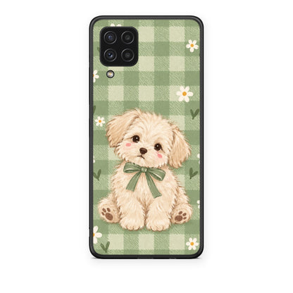 Θήκη Samsung Galaxy A22 4G Puppy and Daisies on Sage Gingham από τη Smartfits με σχέδιο στο πίσω μέρος και μαύρο περίβλημα | Samsung Galaxy A22 4G Puppy and Daisies on Sage Gingham case with colorful back and black bezels