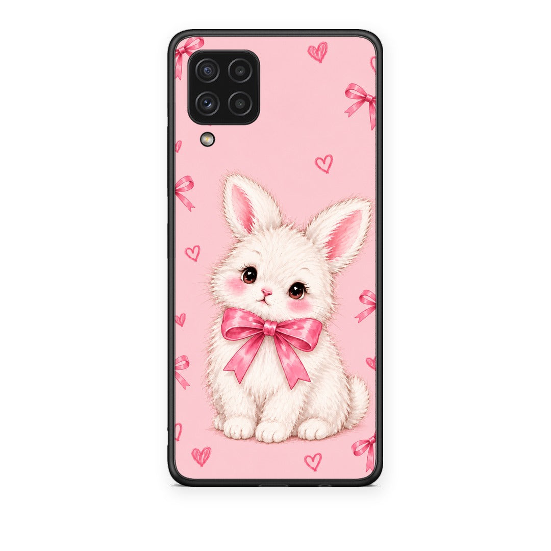 Θήκη Samsung Galaxy A22 4G White Bunny and Pink Bows από τη Smartfits με σχέδιο στο πίσω μέρος και μαύρο περίβλημα | Samsung Galaxy A22 4G White Bunny and Pink Bows case with colorful back and black bezels