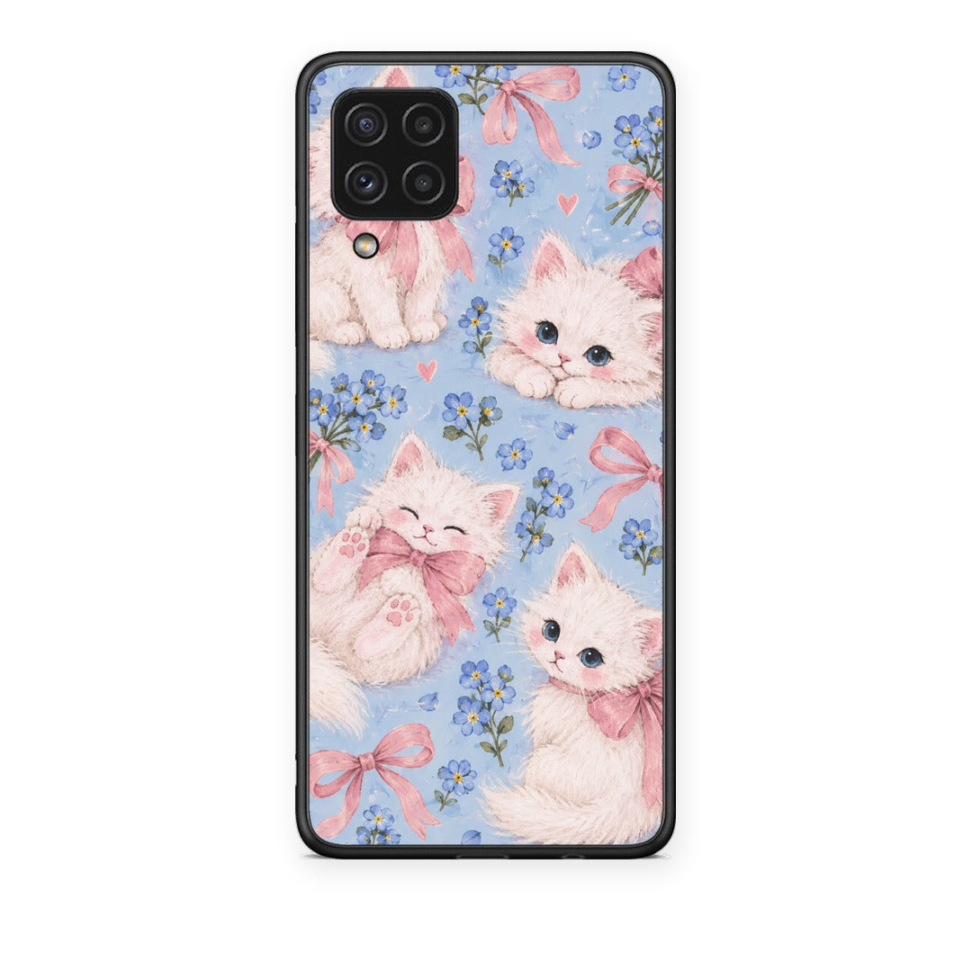 Θήκη Samsung Galaxy A22 4G White Kittens and Blue Flowers Large από τη Smartfits με σχέδιο στο πίσω μέρος και μαύρο περίβλημα | Samsung Galaxy A22 4G White Kittens and Blue Flowers Large case with colorful back and black bezels