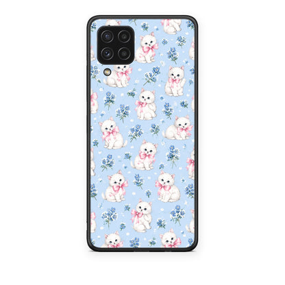 Θήκη Samsung Galaxy A22 4G White Kittens and Blue Flowers Small από τη Smartfits με σχέδιο στο πίσω μέρος και μαύρο περίβλημα | Samsung Galaxy A22 4G White Kittens and Blue Flowers Small case with colorful back and black bezels