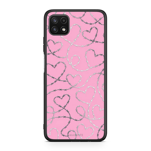 Θήκη Samsung Galaxy A22 5G Barbed Wire Hearts on Pink από τη Smartfits με σχέδιο στο πίσω μέρος και μαύρο περίβλημα | Samsung Galaxy A22 5G Barbed Wire Hearts on Pink case with colorful back and black bezels
