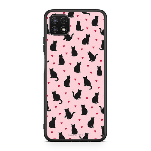 Θήκη Samsung Galaxy A22 5G Black Cat Silhouettes and Hearts on Pink από τη Smartfits με σχέδιο στο πίσω μέρος και μαύρο περίβλημα | Samsung Galaxy A22 5G Black Cat Silhouettes and Hearts on Pink case with colorful back and black bezels