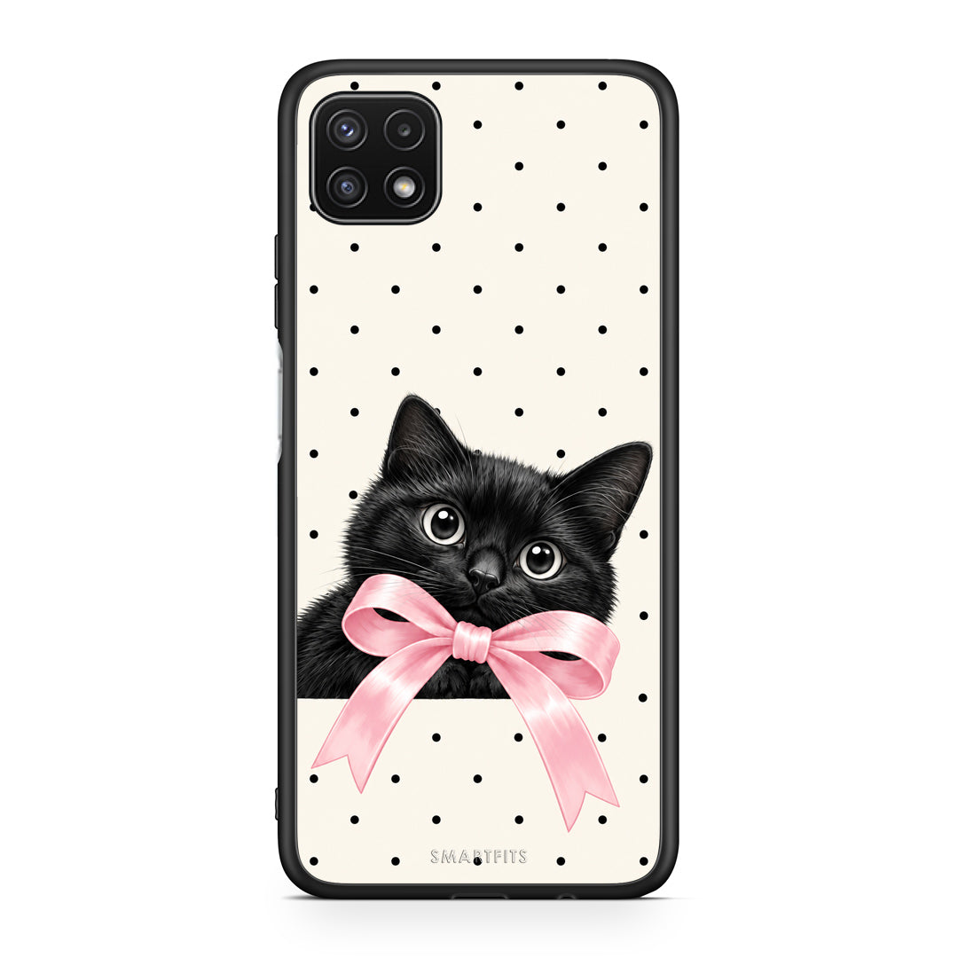 Θήκη Samsung Galaxy A22 5G Black Kitten Pink Bow and Polka Dots από τη Smartfits με σχέδιο στο πίσω μέρος και μαύρο περίβλημα | Samsung Galaxy A22 5G Black Kitten Pink Bow and Polka Dots case with colorful back and black bezels
