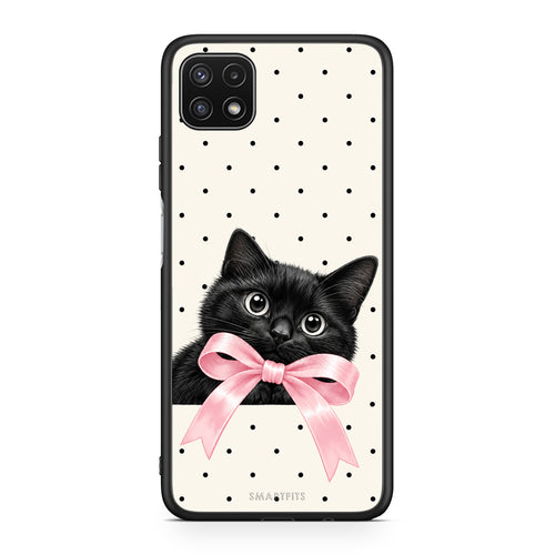 Θήκη Samsung Galaxy A22 5G Black Kitten Pink Bow and Polka Dots από τη Smartfits με σχέδιο στο πίσω μέρος και μαύρο περίβλημα | Samsung Galaxy A22 5G Black Kitten Pink Bow and Polka Dots case with colorful back and black bezels
