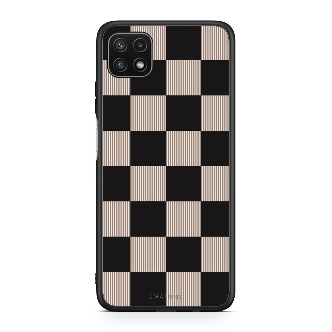 Θήκη Samsung Galaxy A22 5G Black and Taupe Striped Checks από τη Smartfits με σχέδιο στο πίσω μέρος και μαύρο περίβλημα | Samsung Galaxy A22 5G Black and Taupe Striped Checks case with colorful back and black bezels