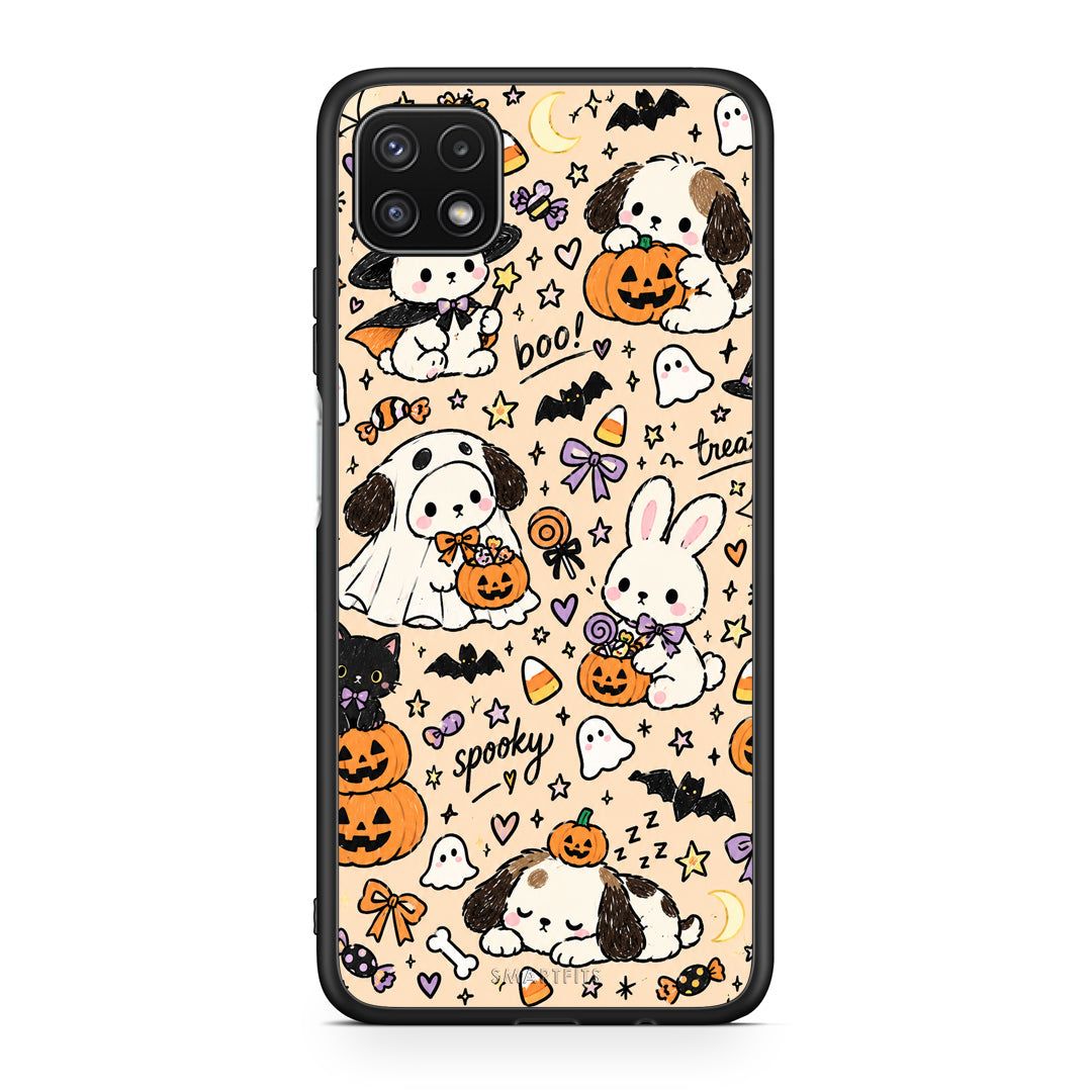 Θήκη Samsung Galaxy A22 5G Halloween Puppies and Friends on Cream από τη Smartfits με σχέδιο στο πίσω μέρος και μαύρο περίβλημα | Samsung Galaxy A22 5G Halloween Puppies and Friends on Cream case with colorful back and black bezels
