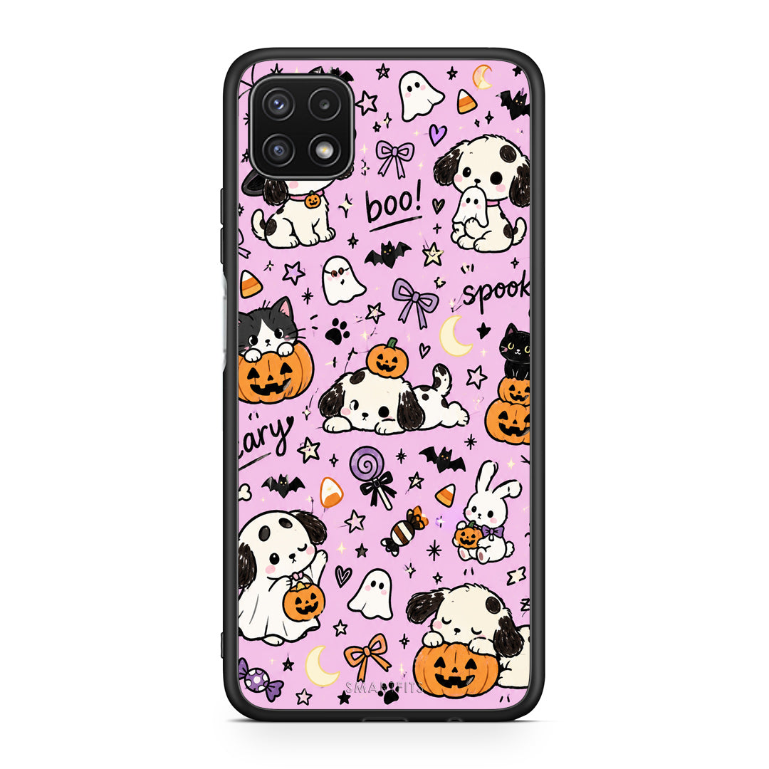 Θήκη Samsung Galaxy A22 5G Halloween Puppies and Friends on Lilac από τη Smartfits με σχέδιο στο πίσω μέρος και μαύρο περίβλημα | Samsung Galaxy A22 5G Halloween Puppies and Friends on Lilac case with colorful back and black bezels