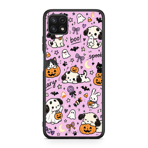 Θήκη Samsung Galaxy A22 5G Halloween Puppies and Friends on Lilac από τη Smartfits με σχέδιο στο πίσω μέρος και μαύρο περίβλημα | Samsung Galaxy A22 5G Halloween Puppies and Friends on Lilac case with colorful back and black bezels