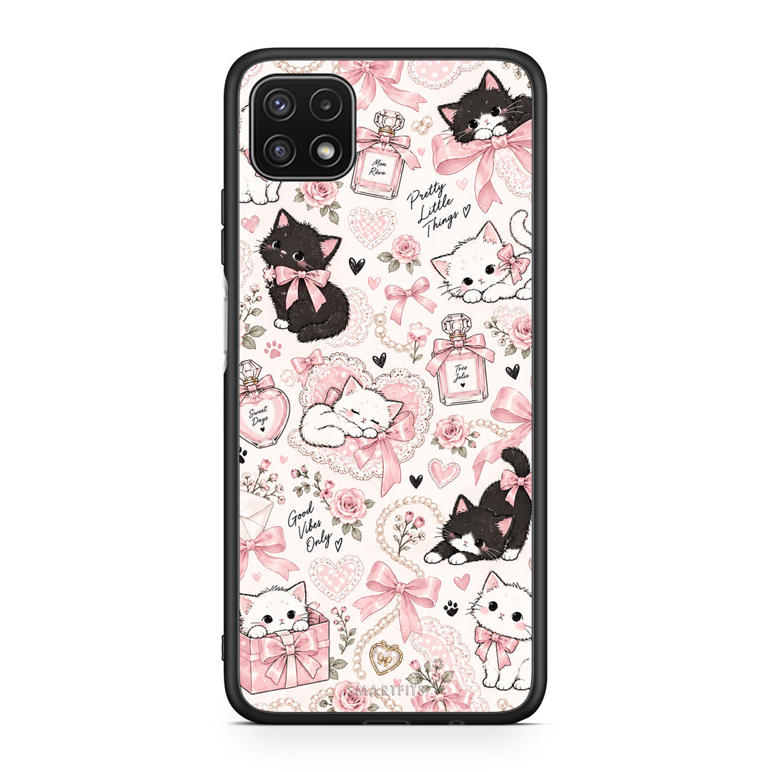 Θήκη Samsung Galaxy A22 5G Pink Bows and Kittens Collage από τη Smartfits με σχέδιο στο πίσω μέρος και μαύρο περίβλημα | Samsung Galaxy A22 5G Pink Bows and Kittens Collage case with colorful back and black bezels