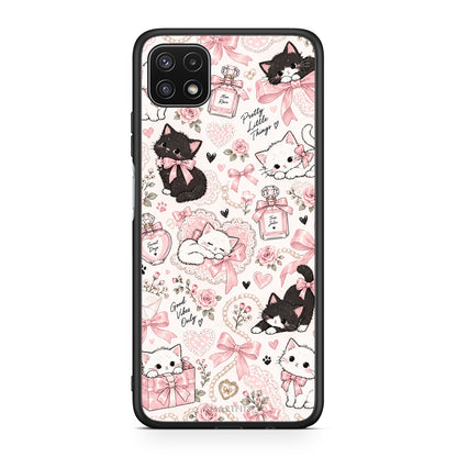 Θήκη Samsung Galaxy A22 5G Pink Bows and Kittens Collage από τη Smartfits με σχέδιο στο πίσω μέρος και μαύρο περίβλημα | Samsung Galaxy A22 5G Pink Bows and Kittens Collage case with colorful back and black bezels