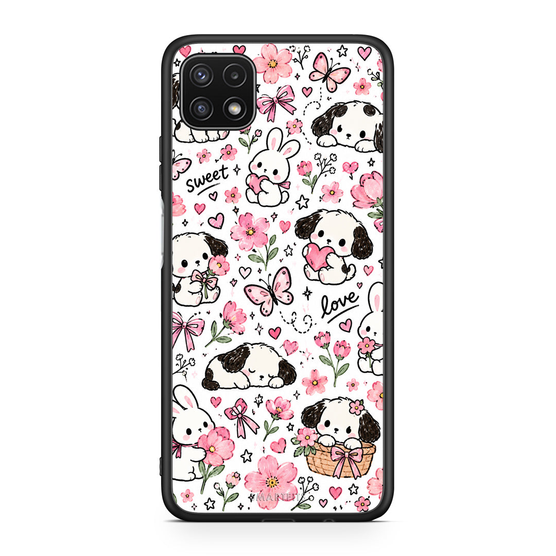 Θήκη Samsung Galaxy A22 5G Pink Florals Puppies and Bunnies on White από τη Smartfits με σχέδιο στο πίσω μέρος και μαύρο περίβλημα | Samsung Galaxy A22 5G Pink Florals Puppies and Bunnies on White case with colorful back and black bezels
