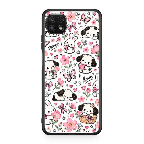 Θήκη Samsung Galaxy A22 5G Pink Florals Puppies and Bunnies on White από τη Smartfits με σχέδιο στο πίσω μέρος και μαύρο περίβλημα | Samsung Galaxy A22 5G Pink Florals Puppies and Bunnies on White case with colorful back and black bezels