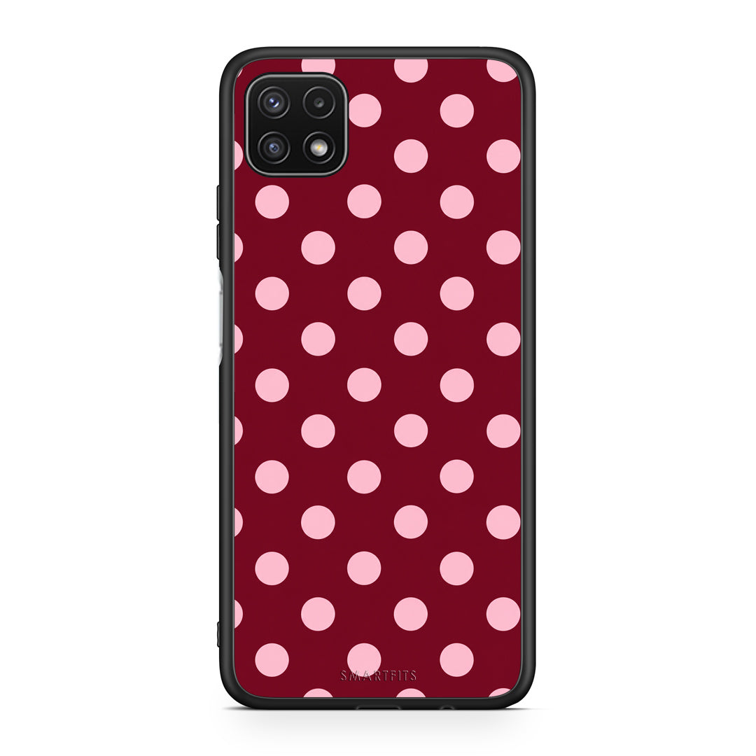 Θήκη Samsung Galaxy A22 5G Pink Polka Dots on Burgundy από τη Smartfits με σχέδιο στο πίσω μέρος και μαύρο περίβλημα | Samsung Galaxy A22 5G Pink Polka Dots on Burgundy case with colorful back and black bezels