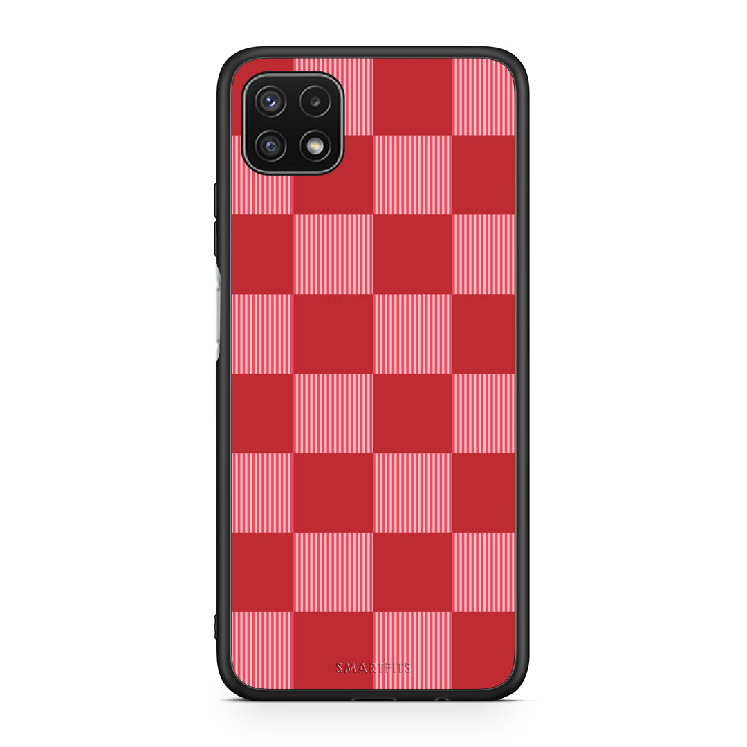 Θήκη Samsung Galaxy A22 5G Red and Pink Striped Checks από τη Smartfits με σχέδιο στο πίσω μέρος και μαύρο περίβλημα | Samsung Galaxy A22 5G Red and Pink Striped Checks case with colorful back and black bezels