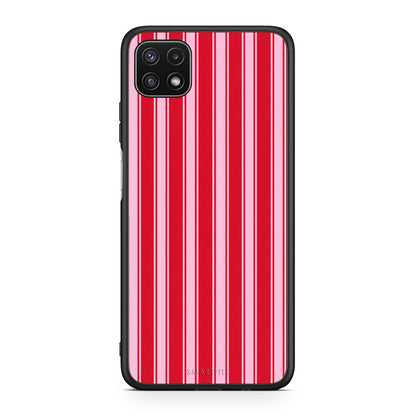 Θήκη Samsung Galaxy A22 5G Red and Pink Vertical Pinstripes από τη Smartfits με σχέδιο στο πίσω μέρος και μαύρο περίβλημα | Samsung Galaxy A22 5G Red and Pink Vertical Pinstripes case with colorful back and black bezels