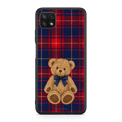 Θήκη Samsung Galaxy A22 5G Teddy Bear on Red and Navy Tartan από τη Smartfits με σχέδιο στο πίσω μέρος και μαύρο περίβλημα | Samsung Galaxy A22 5G Teddy Bear on Red and Navy Tartan case with colorful back and black bezels