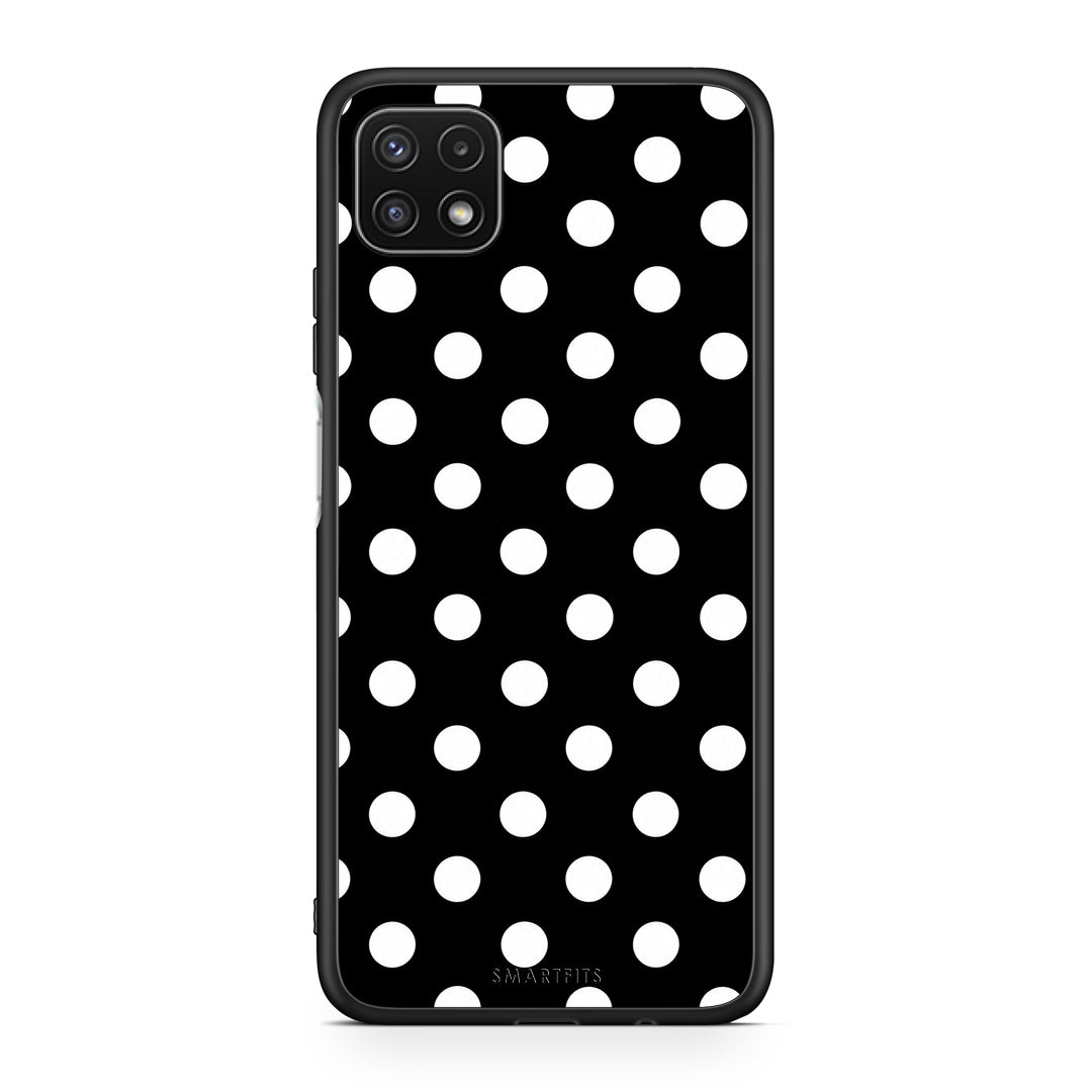 Θήκη Samsung Galaxy A22 5G White Polka Dots on Black από τη Smartfits με σχέδιο στο πίσω μέρος και μαύρο περίβλημα | Samsung Galaxy A22 5G White Polka Dots on Black case with colorful back and black bezels