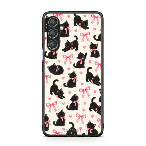 Θήκη Samsung Galaxy A24 4G Black Kittens and Pink Bows on Cream Small από τη Smartfits με σχέδιο στο πίσω μέρος και μαύρο περίβλημα | Samsung Galaxy A24 4G Black Kittens and Pink Bows on Cream Small case with colorful back and black bezels