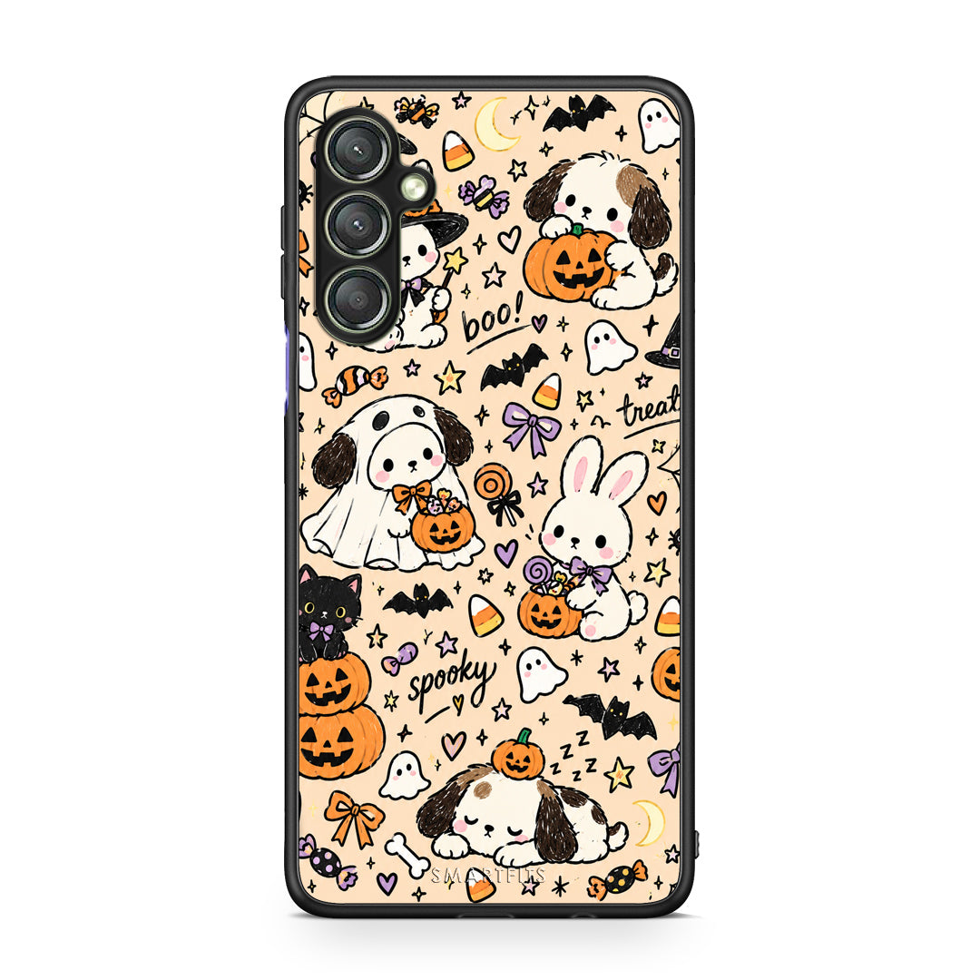 Θήκη Samsung Galaxy A24 4G Halloween Puppies and Friends on Cream από τη Smartfits με σχέδιο στο πίσω μέρος και μαύρο περίβλημα | Samsung Galaxy A24 4G Halloween Puppies and Friends on Cream case with colorful back and black bezels