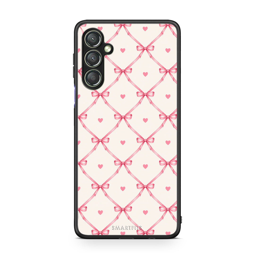 Θήκη Samsung Galaxy A24 4G Pink Bow Lattice and Hearts on Cream από τη Smartfits με σχέδιο στο πίσω μέρος και μαύρο περίβλημα | Samsung Galaxy A24 4G Pink Bow Lattice and Hearts on Cream case with colorful back and black bezels