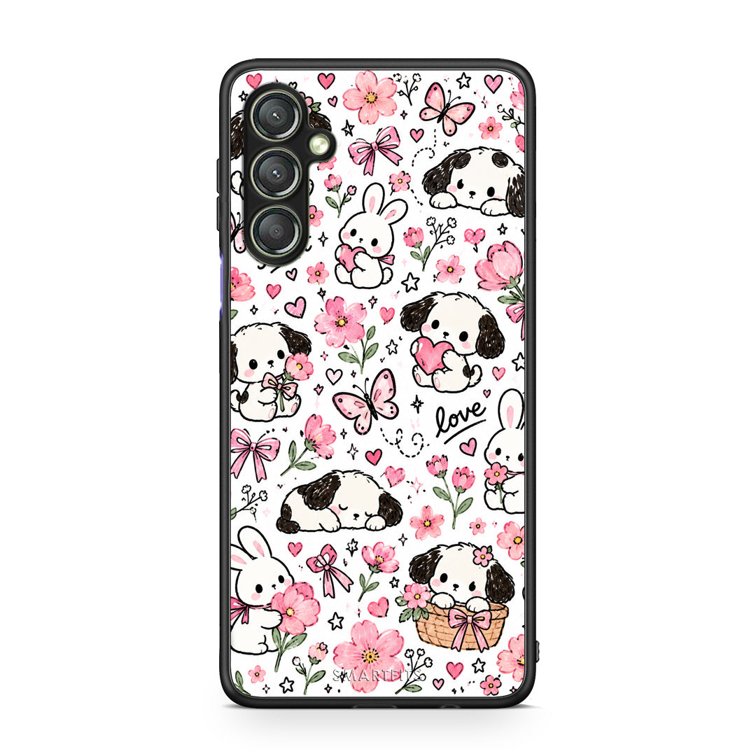 Θήκη Samsung Galaxy A24 4G Pink Florals Puppies and Bunnies on White από τη Smartfits με σχέδιο στο πίσω μέρος και μαύρο περίβλημα | Samsung Galaxy A24 4G Pink Florals Puppies and Bunnies on White case with colorful back and black bezels