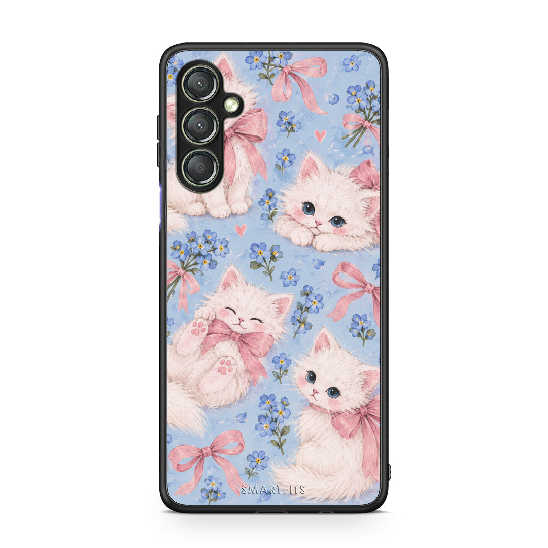 Θήκη Samsung Galaxy A24 4G White Kittens and Blue Flowers Large από τη Smartfits με σχέδιο στο πίσω μέρος και μαύρο περίβλημα | Samsung Galaxy A24 4G White Kittens and Blue Flowers Large case with colorful back and black bezels